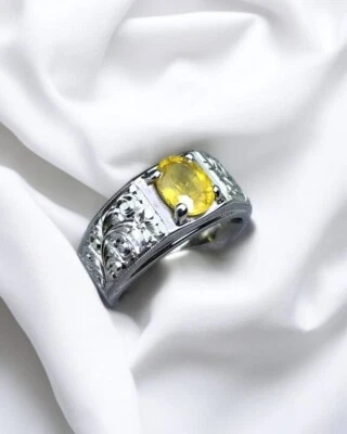 Anel masculino gravado de safira amarela natural 2 quilates prata 925 homem mulher anel Pukhraj - Imagem 1 de 4