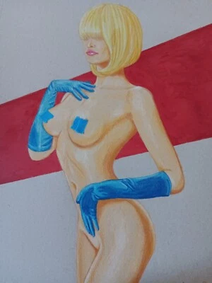 Female figure drawing nude colored pencil artist Jerome Cadd Blue Glove Lovely - Image 1 of 4