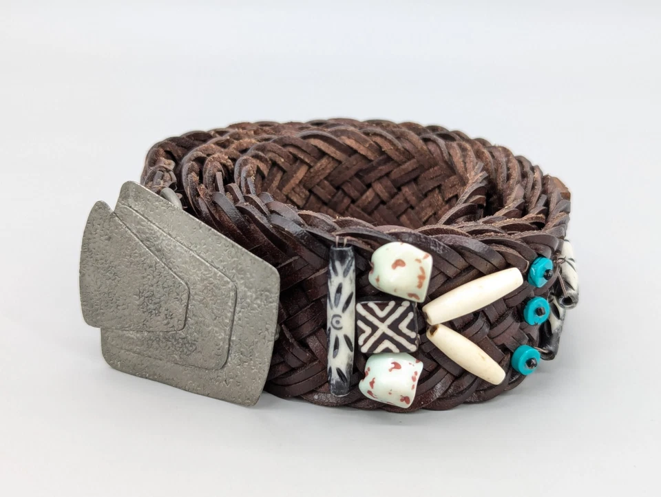 Cinturón Chico's Titus Cuero Marrón Trenzado Tribal Cuentas Turquesa Acento Blanco 42" Foto 1 de 4