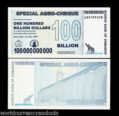 ZIMBABWE 100000000000 100 BILLION DOLLARS P-64 2008 *AB ZEBRA UNC MONEY BANKNOTE - Image 1 of 4