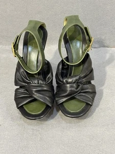 CELINE Paris Heels 38/7.5 US Hunter Green & Black Leather Knot Heel Sandal - Picture 1 of 15