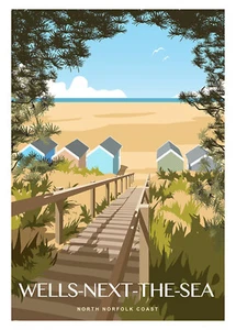 Wells next the Sea Travel Poster, Print. Steps to beach, North Norfolk.Retro (2) - Picture 1 of 3
