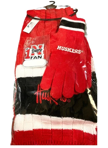 2pc LOT NEBRASKA CORNHUSKERS KNIT SCARF & GLOVES SET & #1 FAN MAGNET NCAA NEW Cover