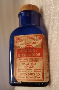 Vtg Cobalt Blue POISON Mercury Bichloride Bottle,Cork Stopper, Drug Co. W/Label - Picture 1 of 10
