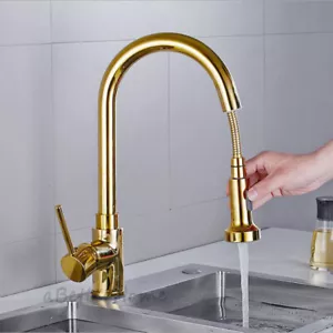 Polished Gold Brass Single Handle Kitchen Sink Swivel Faucet Pull Out Mixer Tap - Picture 1 of 5