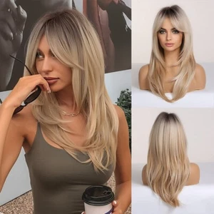 1 Set Brown to Blonde Omber Wigs Synthetic Hair Bangs for Women Lady PrePlucked - Picture 1 of 5