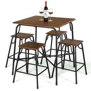 5PCS Bar Table Set Counter Height Dining Set w/ 4 Stools Rustic Brown - Picture 1 of 10