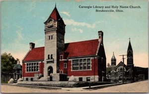 Steubenville, Ohio Postcard "Carnegie Library and Holy Name Church" c1910s - Picture 1 of 2