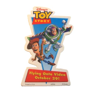 Toy Story Pinback Flying on to Video October 29, 1996 Cardboard Woody Buzz - Picture 1 of 4