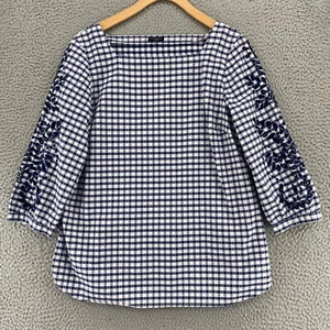 Top Talbots donna L Petite blu bianco occhiello gingham pizzo collo quadrato manica 3/4 - Foto 1 di 11