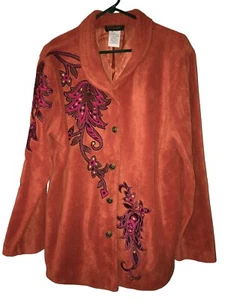 Bob Mackie Fleece Jacket Womens Sz L Wearable Art Rust Embroidered Floral - Picture 1 of 2