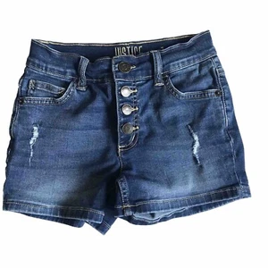 Justice Girl Size 12 Blue Denim Faux Button Fly Snaps Distressed Jean Shorts EUC - Picture 1 of 7