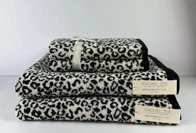Rachel Zoe Bath Towel Set Leopard Cheetah Print Black Tan Cotton Set of 4 NEW - Image 1 of 4