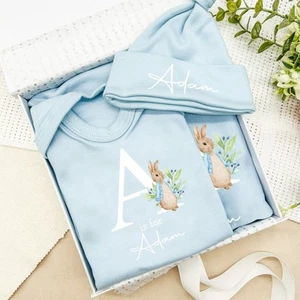 Personalised Blue Rabbit Initial Baby Clothing Optional Hamper Gift Set - Picture 1 of 3
