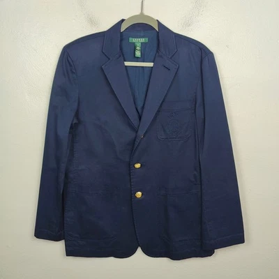 Vintage 90s Lauren Ralph Lauren Blazer Mens Medium Navy Blue Logo Emblem Preppy - Image 1 of 4