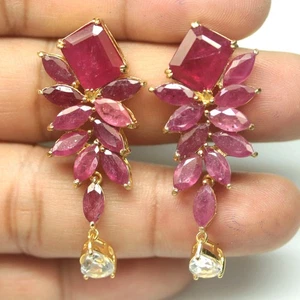 925 Sterling Silver Red Ruby & White Topaz Earrings 18K Gold Plated - Picture 1 of 4