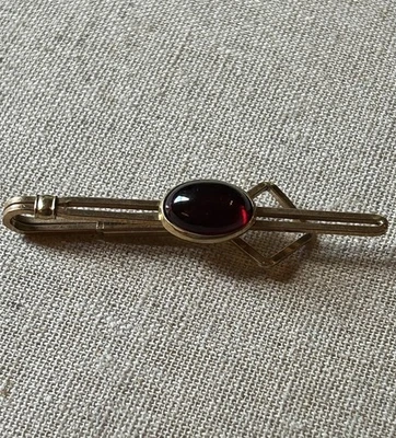 Vintage Krementz Tie Bar Gold Tone Metal Red Stone 2 1/4" Inches Made in USA - Image 1 of 4