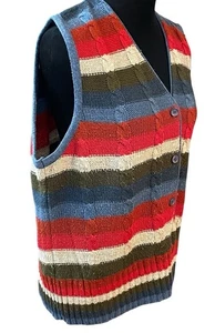 Alfred Dunner Sweater Vest VTG  L Boxey Preppy Grandma Striped Button Cable Knit - Picture 1 of 10