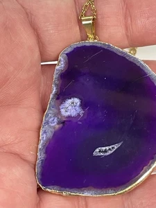 Geode Slice Purple Agate Pendant Silver Necklace Healing Stone 30” Stainless - Picture 1 of 6