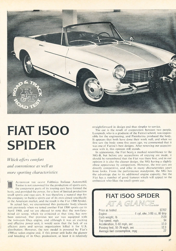 1965 Fiat 1500 Spider - Road Test - Classic Article D132 Foto 1 de 1