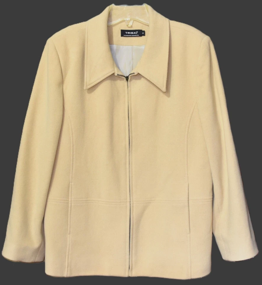 Abrigo Chaqueta Tribal Laine Lana Cachemira Beige Pálido Talla 14 Forrado 2 Bolsillos Cremallera Foto 1 de 4