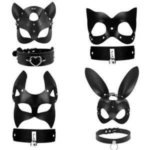 Women PU Leather Costume Bunny Fox Mask with Choker Set Props Cosplay Halloween - Picture 1 of 48