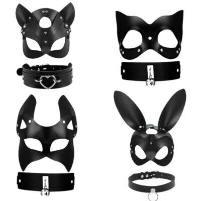 Women PU Leather Costume Bunny Fox Mask with Choker Set Props Cosplay Halloween - Image 1 of 4