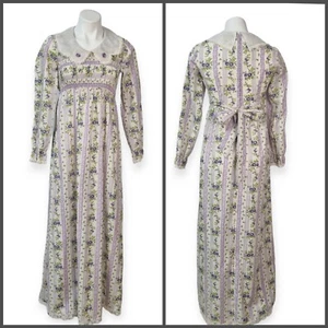 VTG Gunne Sax Style Maxi Dress Cottagecore Prairie Long Floral Stripe Smocking - Picture 1 of 16