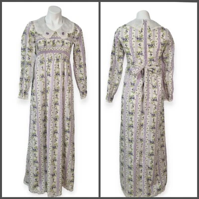 VTG Gunne Sax Style Maxi Dress Cottagecore Prairie Long Floral Stripe Smocking  - Image 1 of 4