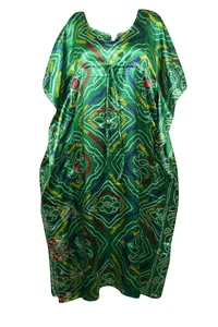 Boho Green Recycle Silk Maxi Kaftan Hi Drawstring Maternity Loose Caftan 2XL
