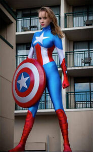 Women Captain America Jumpsuit Superhero  Cosplay Costume Halloween Zentai 