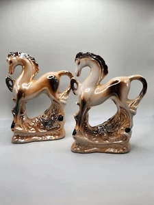 Vintage Pair Lusterware Ceramic Prancing Horse Figurines Elevate Mantel Or Shelf - Picture 1 of 20