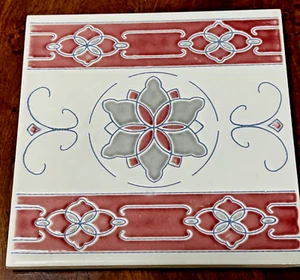 Art Nouveau TRIVET 5 7/8" square ceramic TILE red gray white Taiwan - Picture 1 of 8