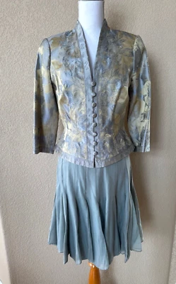 Carmen Marc Valvo Skirt Suit Sz 8 Blazer Set Jacket Silk Womens Dusty Blue Green - Image 1 of 4