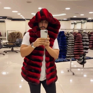 Mens Red Natural Chinchilla Gilet Trendy Natural Rex Rabbit Fur Waistcoats Vest - Picture 1 of 8
