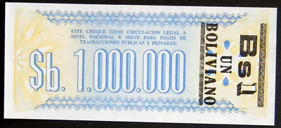 Bolivia 1000000 PESOS P-199 1985 UNC 1 BS Overprint Bolivian World Currency NOTE - Image 1 of 3
