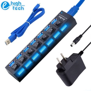 7 Port USB 3.0 Hub High Speed Splitter Box Power Adaptor Charger ON/OFF Switch - Picture 1 of 12