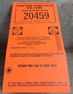 1965 New York State Big Game Hunting License Permit Back Tag Citizen Non Res Exc - Picture 1 of 3