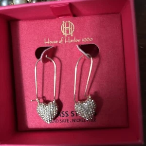 House of Harlow Dangle Hearts W/crystals And Leaf Shaped Rhinestones Earrings - Picture 1 of 6