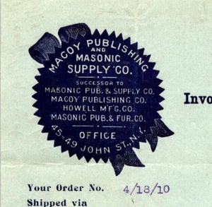 1910 Macoy Publishing And Masonic Supply Co New York City to Turin Lodge - Bild 1 von 2