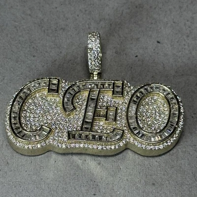 925 Sterling Cz Baguette CEO Letter Pendant 14K Yellow Gold Finish 15g - Image 1 of 4