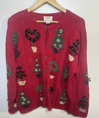 Suéter Talbots Mujer Grande Pequeño Rojo Tejido a Mano Navidad Topiario Grueso Lino Foto 1 de 4