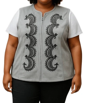 BOB MACKIE Wearable Art Women’s 2X Gray Black Vest Embroidered Full Zip Fleece - Image 1 of 4
