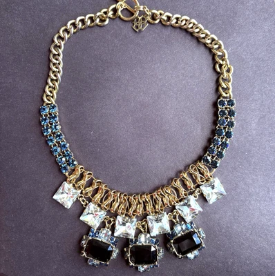VTG Anne Taylor Chunky Gold Tone Necklace Blue Rhinestone Bib Statement Formal - Image 1 of 4