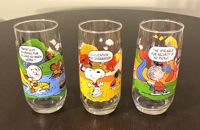 Charlie Brown Camp Snoopy Drinking Glasses Set of 3 McDonald's Vintage 6" Tall - Image 1 of 4