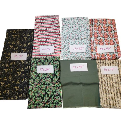Cotton Fabric Lot Christmas Holly Green Red Floral Print 7 Pc Quilting Crafts - Image 1 of 4