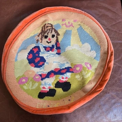 Vintage Raggedy Ann Round Pillow Cover Needlepoint Handmade Orange Velvet 14" - Image 1 of 4