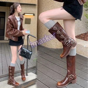 Retro Runway Women's Knee High Boots 4.5cm Chunky Block Heels Motorcycle Western - Picture 1 of 26