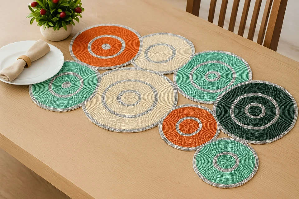 Handmade Beaded Circle Table Runner & Table Mat Multi-Color Centerpiece Decor - Image 1 of 4