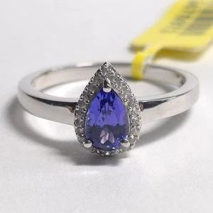 Anello D'Joy taglio pera tanzanite e zirconi aureola placcato platino argento 925 misura 9 - Foto 1 di 13